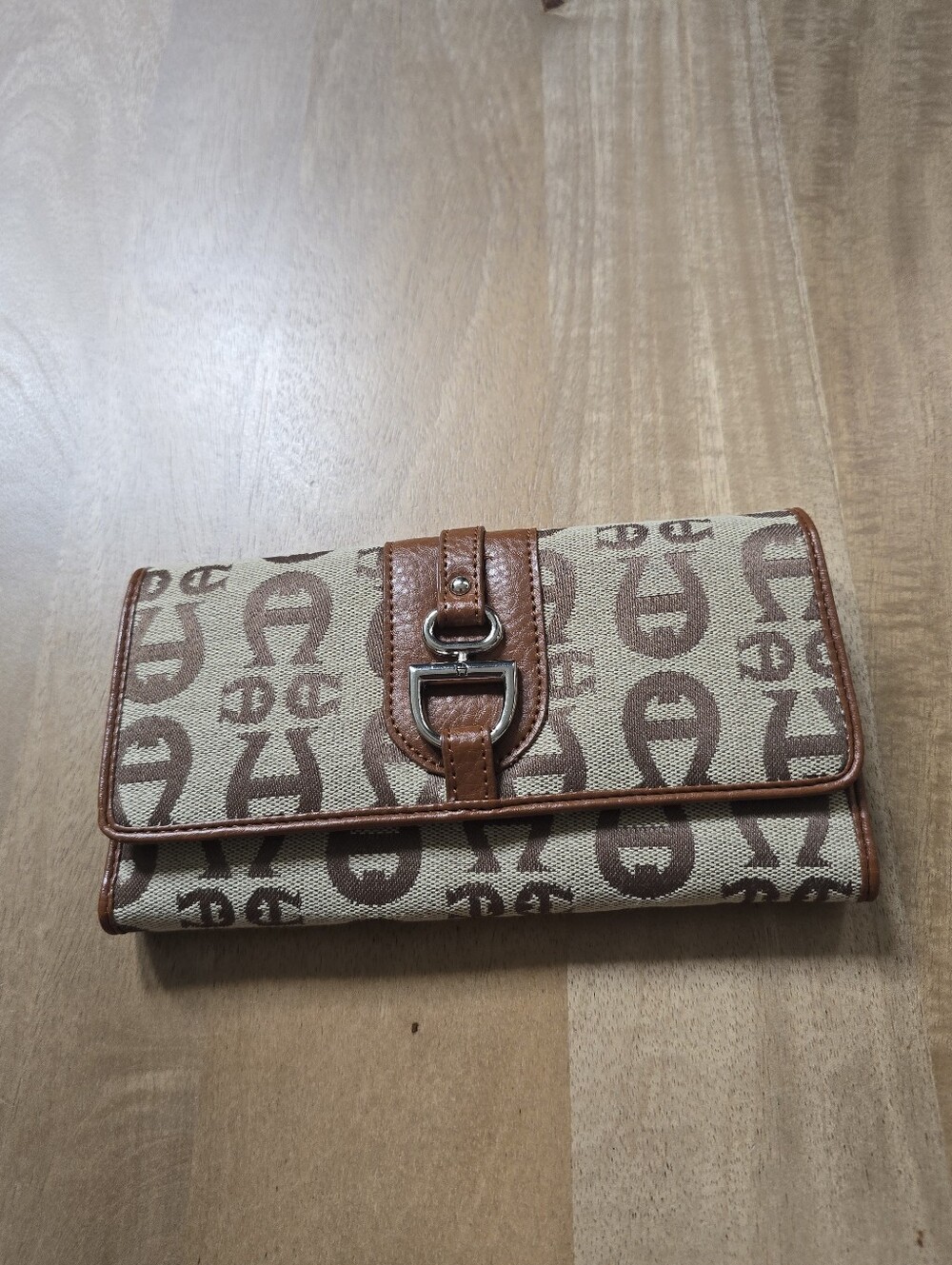 Etienne Aigner Monogram Jacquard Trifold Wallet Horse Bit Logo Continental Brown